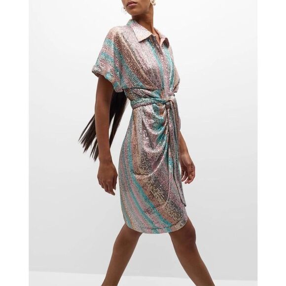 NWT Le Superb Mini Miko Dress Aqua Rainbow Sequin Size 0 $495 MSRP - Picture 2 of 14